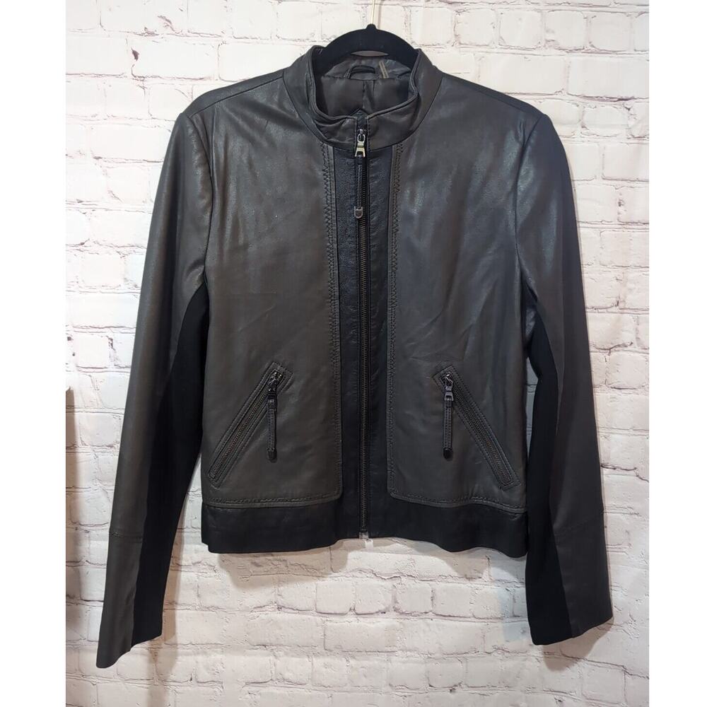 Via Spiga Gray And Black Leather/Back Black Knit Jacket Women's Size M Moto
